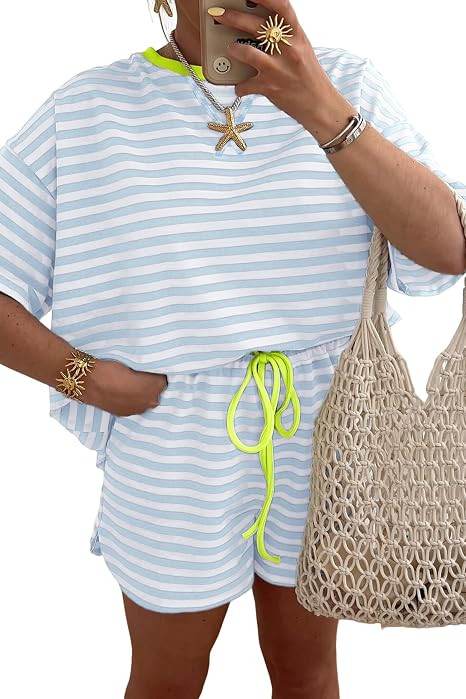 2 Piece Short Sets for Women Striped Summer Beach Vacation Outfits | Amazon (US)