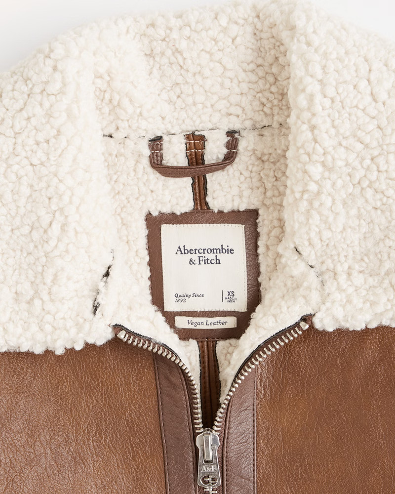 Sherpa-Lined Vegan Leather Shearling Jacket | Abercrombie & Fitch (US)