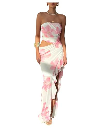 Milumia Women's Floral Cut Out Vacation Dress Ruffle Asymmetrical Strapless Sundress Long Dresses | Amazon (US)