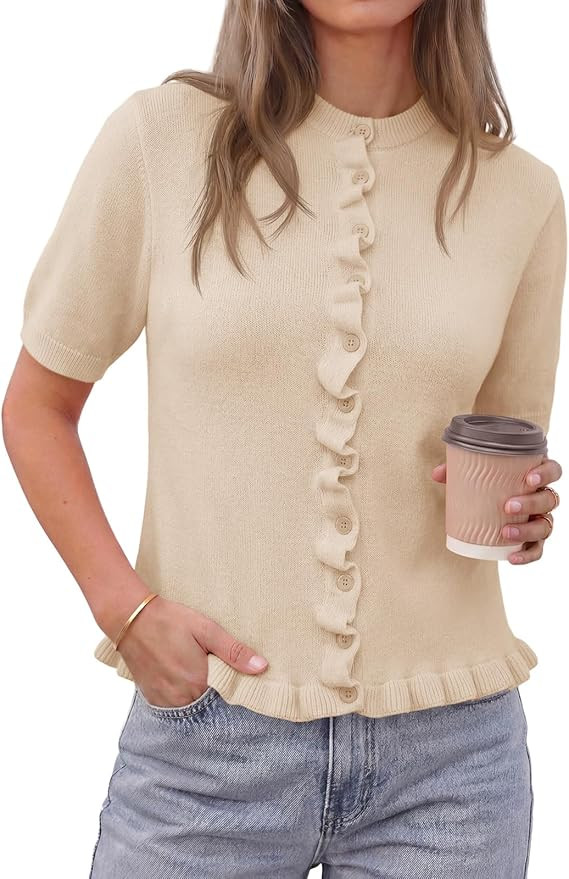 Saodimallsu Womens Ruffle Cardigan Puff Short Sleeve Cute Summer Button Down Lightweight Soft Kni... | Amazon (US)