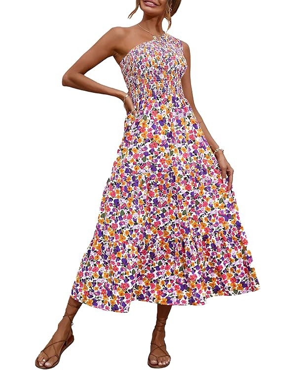 BTFBM Women One Shoulder Summer Dresses 2024 Sleeveless Casual High Waist Floral Flowy Beach Boho... | Amazon (US)