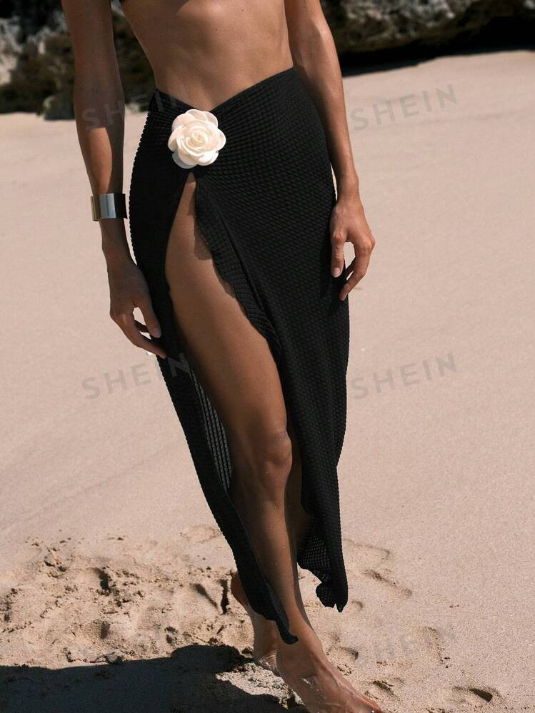 SHEIN Swim Chicsea Solid Color Women's Stand Collar Cloak-Style Skirt With Thigh-High Split And 3... | SHEIN