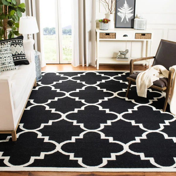 Rodgers Hand Woven Flat Weave Wool/Cotton Geometric Rug in Ivory/Black | Wayfair North America
