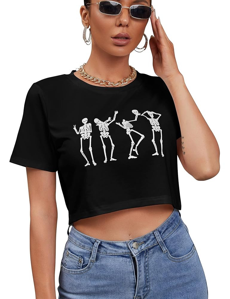 Women's Halloween Funny Skeleton Skull Hand Print Crop Top Tee Short Sleeve Casual T-Shirt | Amazon (US)