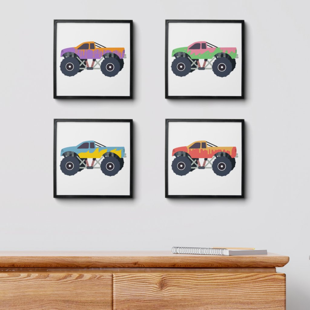 Colorful Monster Trucks Racing Kids Bedroom | Zazzle