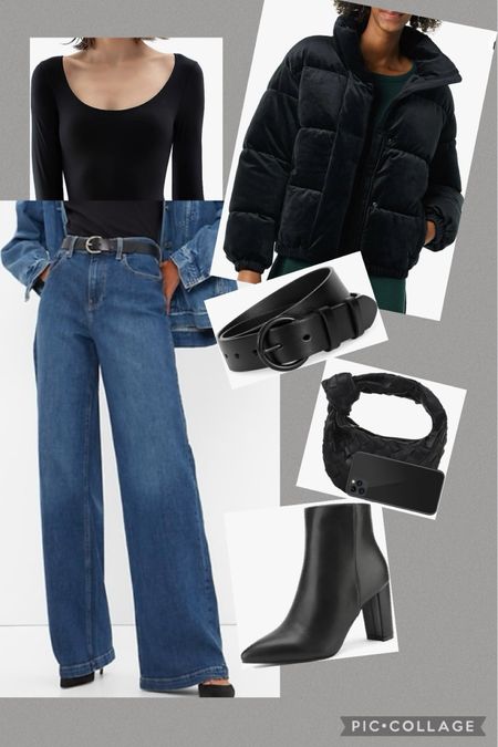 Recent date night outfit. Amazon scoop neck bodysuit, size medium. Amazon black belt with black hardware. Gap high waist wide leg jeans, size 4. Amazon booties in black. Black velvet  puffer coat, size small. Small woven black bag. 

#LTKstyletip #LTKover40 #LTKshoecrush