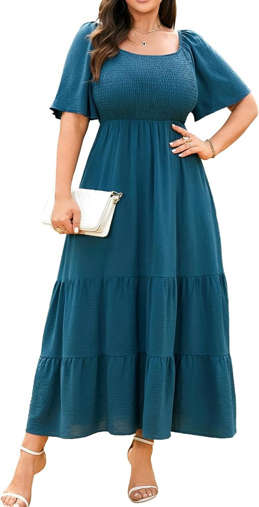 RWJ Women's 2026 Plus Size Summer Dress Short Sleeve Smocked Boho Wedding Guest Beach Vacation Fl... | Amazon (US)