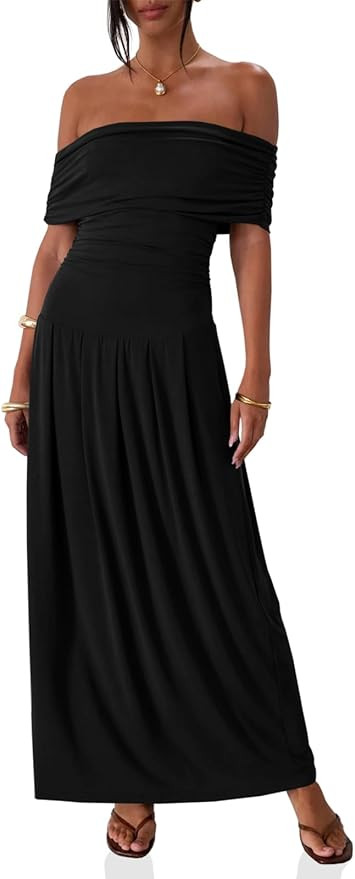 Wenrine Women's Off The Shoulder Maxi Dress Slim Ruched Sleeveless Formal Cocktails Party Long Dr... | Amazon (US)