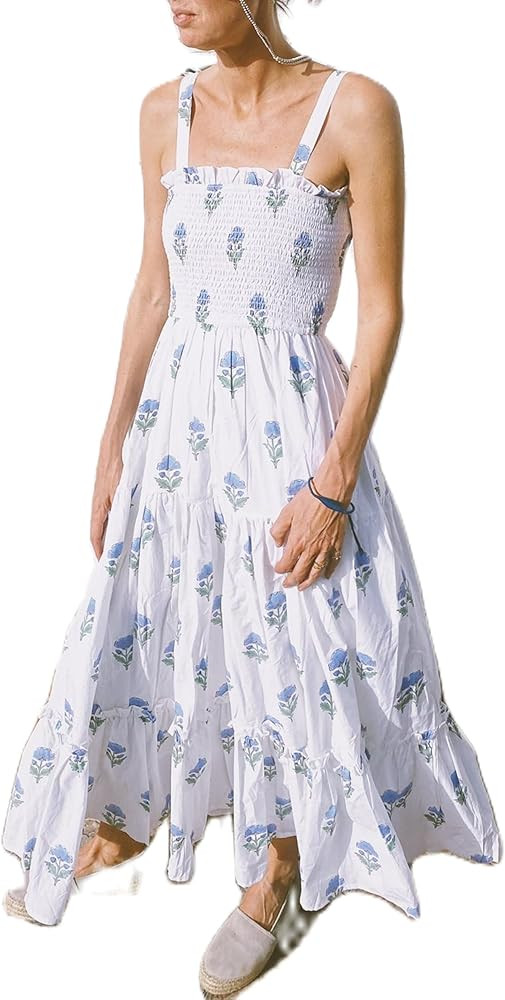 Women Boho Floral Maxi Dress Tie Shoulder Smocked Tiered Midi Dress Flowy Striped Color Block Swi... | Amazon (US)