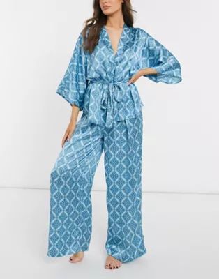 ASOS DESIGN premium tile satin waist tie shirt & trouser pyjama suit set in blue | ASOS (Global)