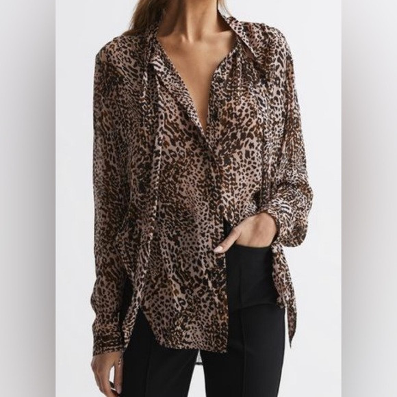 NWT REISS Tora Animal Print Neck Tie Blouse Black & Brown Size 12 | Poshmark
