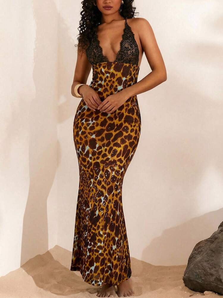 Opulessa Knit Mesh Print V-Neck Backless Fitted Dress For Women, Leopard Print, Summer Spring Outfits, Beach Vacation Outfits, Elegant Going Out Outfits | SHEIN