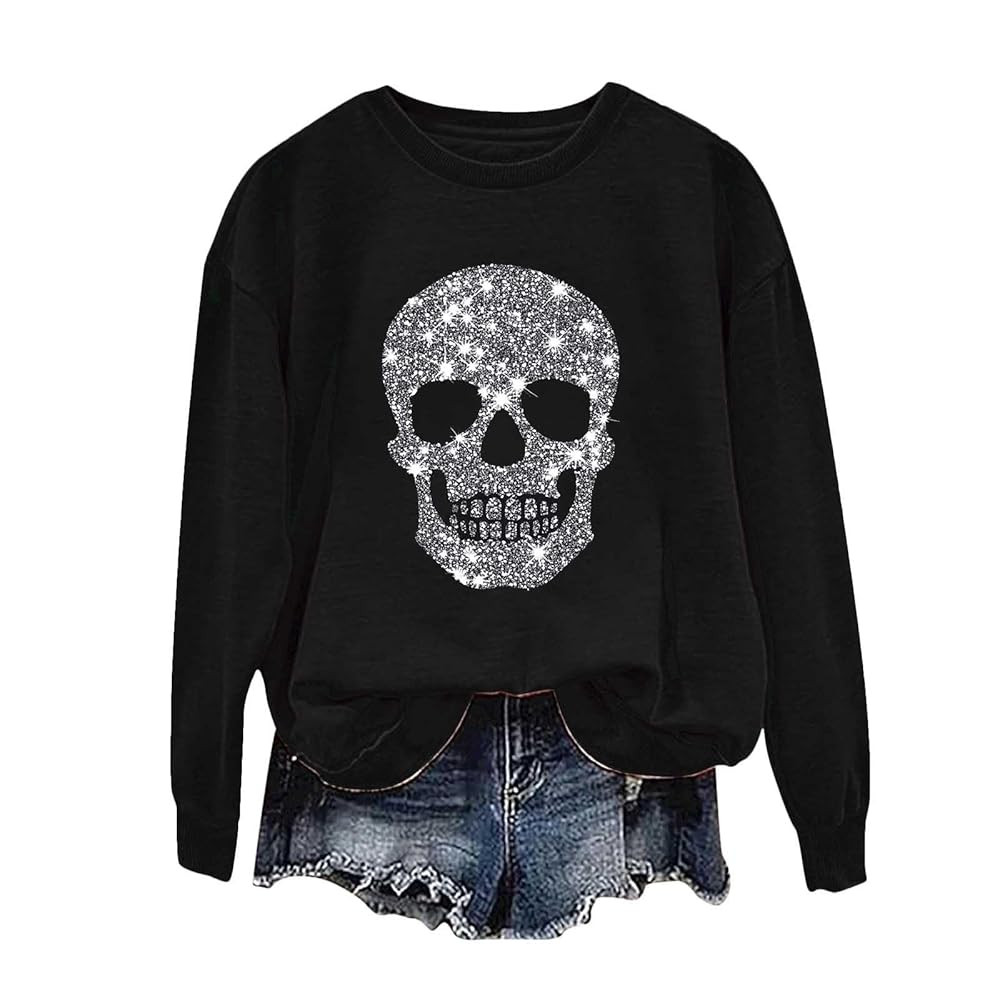 Halloween Funny Sweatshirt for Women Sequin Skeleton Head Graphic Pullover Tops Long Sleeve Print... | Amazon (US)