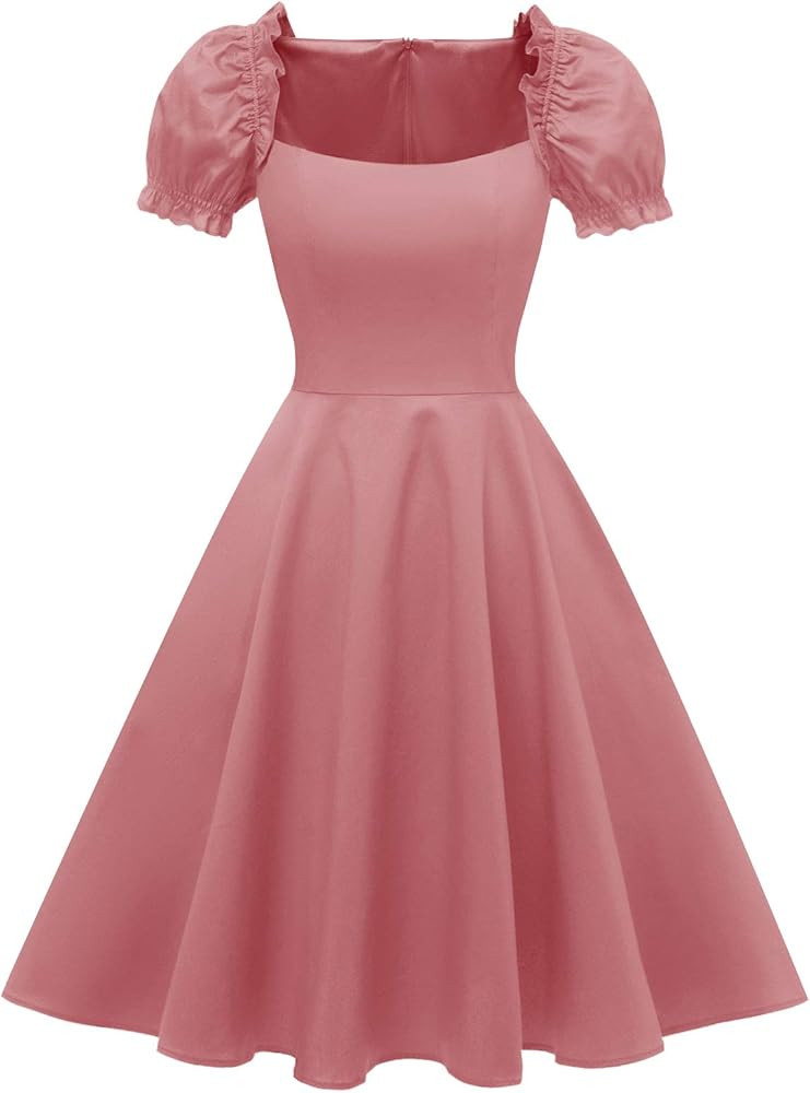 Hanpceirs Women's Puff Short Sleeve 1950s Party Dresses Square Neck Aline Dress with Pockets | Amazon (US)