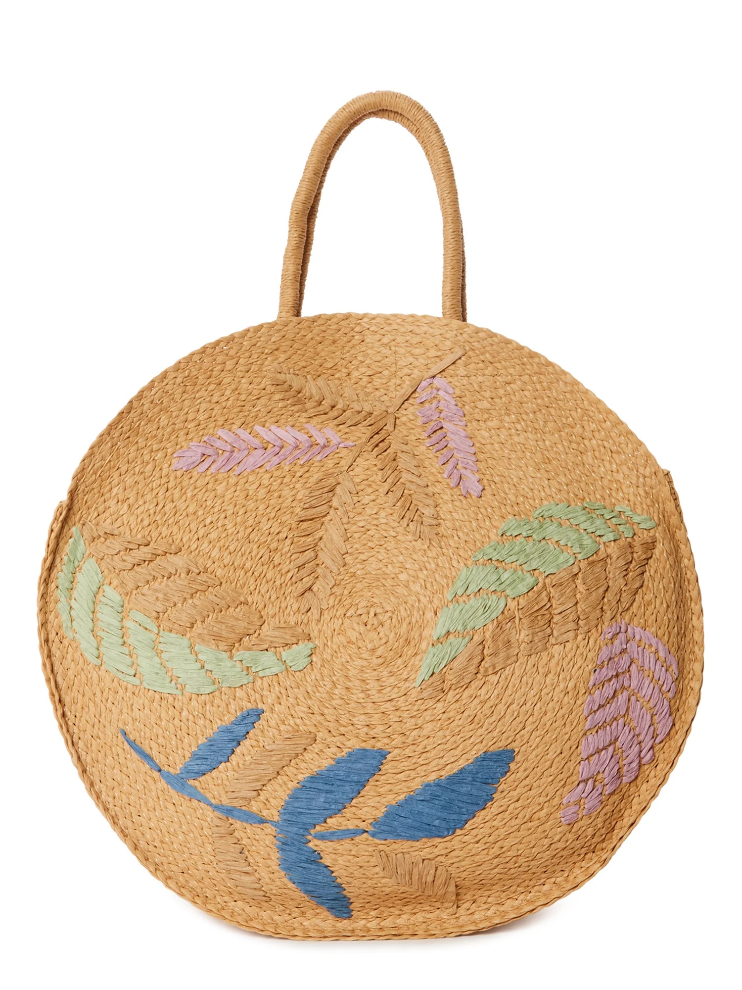 Time and Tru Women’s Circle Straw Beach Tote Bag Multi Floral Embroidery - Walmart.com | Walmart (US)
