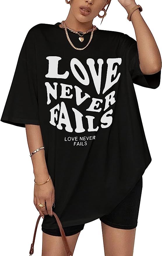 SAFRISIOR Women’s Love Never Fails Letter Graphic Print Tee Top Oversized Drop Shoulder Short S... | Amazon (US)