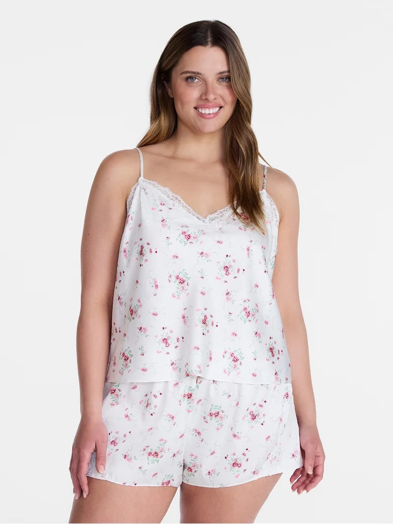 Joyspun Women's Lace Trim Stretch Satin Cami and Shorts Set, 2-Piece, Sizes XS-3X | Walmart (US)