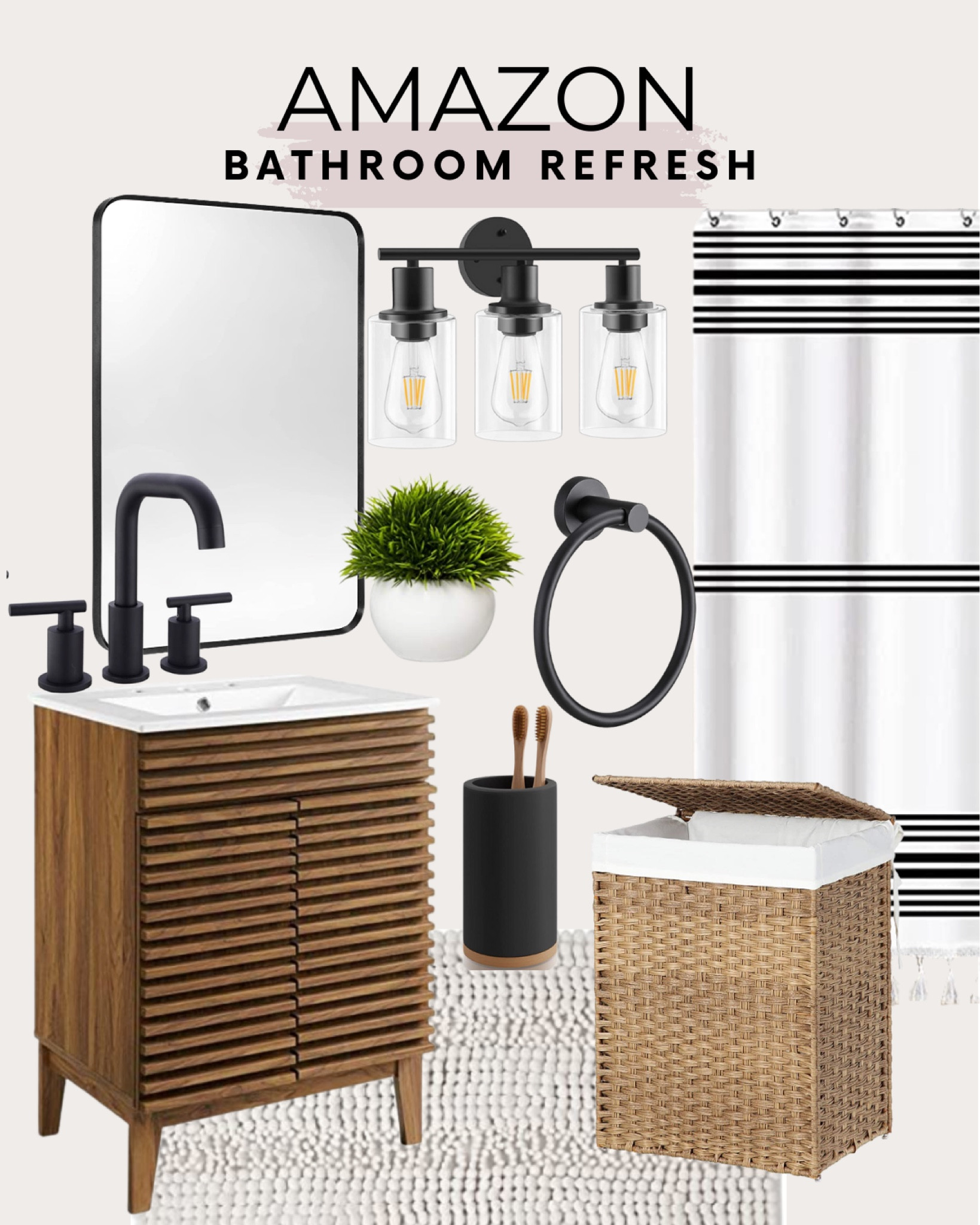 Amazon bathroom refresh includes small vanity, modern mirror, black faucet, bath mat, woven tall hamper, striped shower curtain, bathroom light fixture, towel ring, faux plant, and toothbrush holder.

Bathroom decor, bathroom refresh, bathroom, neutral bathroom, spring refresh, home decor 

#LTKstyletip #LTKunder100 #LTKhome