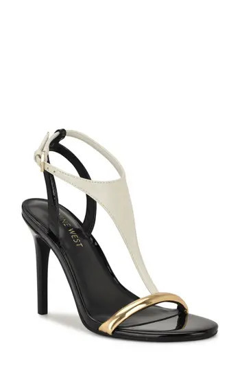 Nine West Miaza T-Strap Stiletto Sandal in White/Gold/Black Multi at Nordstrom Rack, Size 8 | Nordstrom Rack