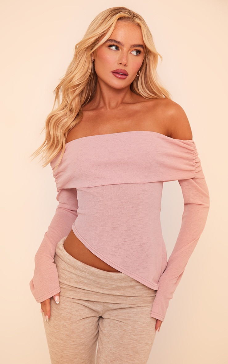 Dusty Pink Burnout Mesh Bardot Long Sleeve Top | PrettyLittleThing UK