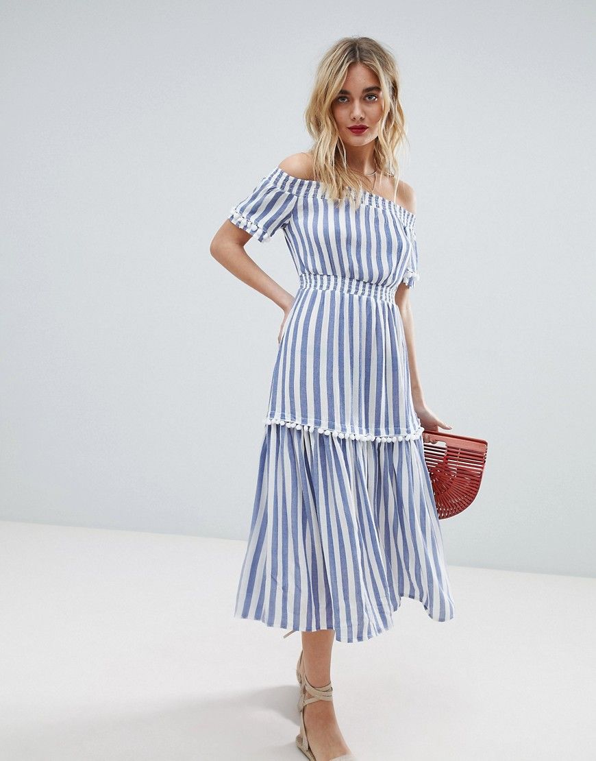 Warehouse Off The Shoulder Bardot Stripe Midi Dress - Blue | ASOS US