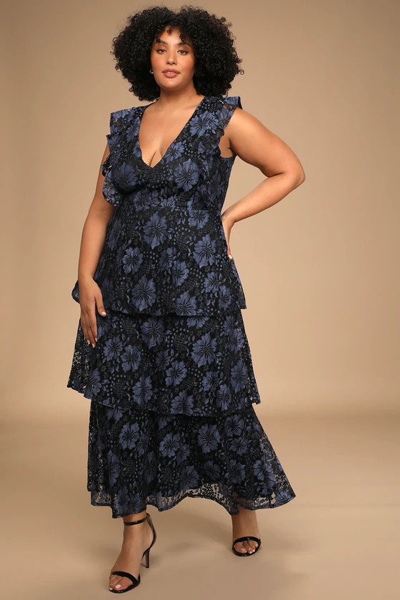 Molinetto Navy Blue Lace Ruffled Tiered Sleeveless Maxi Dress | Lulus