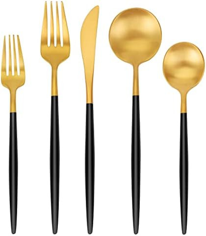 Matte Gold Silverware Set, SHARECOOK 20-Piece Stainless Steel Satin Finish Flatware Set Service f... | Amazon (US)