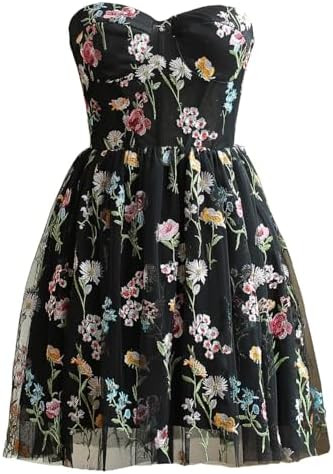 Floral Embroidery Tulle Homecoming Dresses for Teens 2025 Strapless Lace Prom Dress Short Puffy A... | Amazon (US)