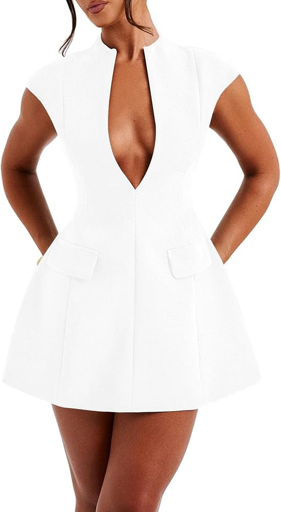 LuFeng Women's Summer Sexy Cap Sleeve Deep V Neck Zipper A-line Mini Dress Hollow Bodycon Night O... | Amazon (US)