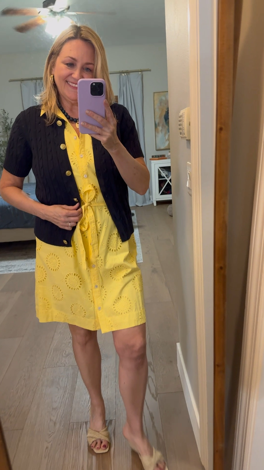 Sunny yellow eyelet dress!  Summer outfit, work outfit