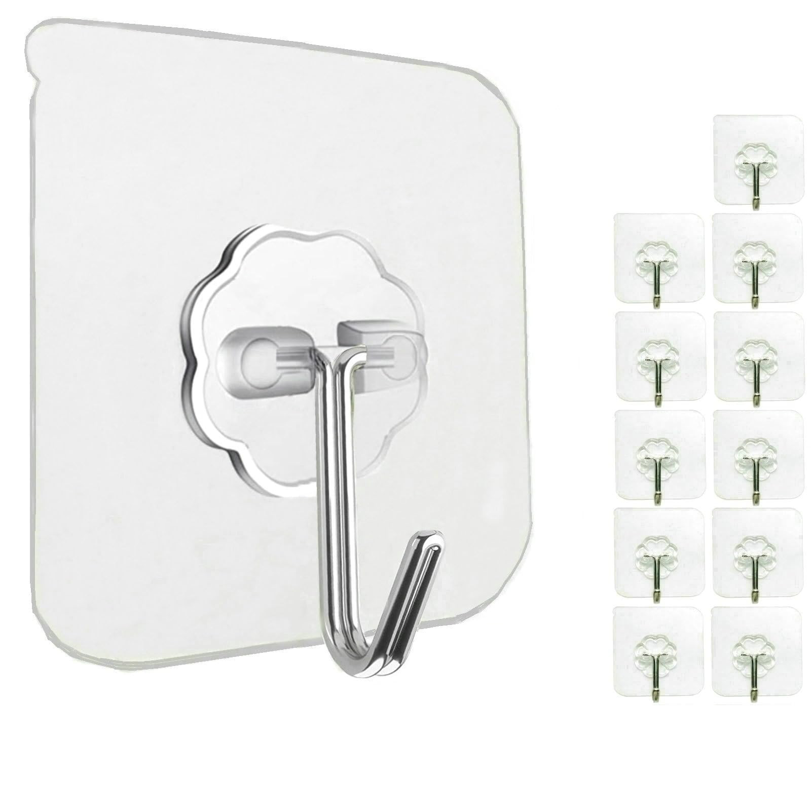 12 Pack Heavy Duty Self Adhesive Hooks - 33lb Max, Transparent, Waterproof, Sticky Wall Hooks for... | Amazon (US)