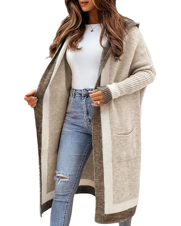 Yimoon Cardigan Sweater for Women Color Block Open Front Hooded Long Cardigan Oversized Knit Swea... | Amazon (US)