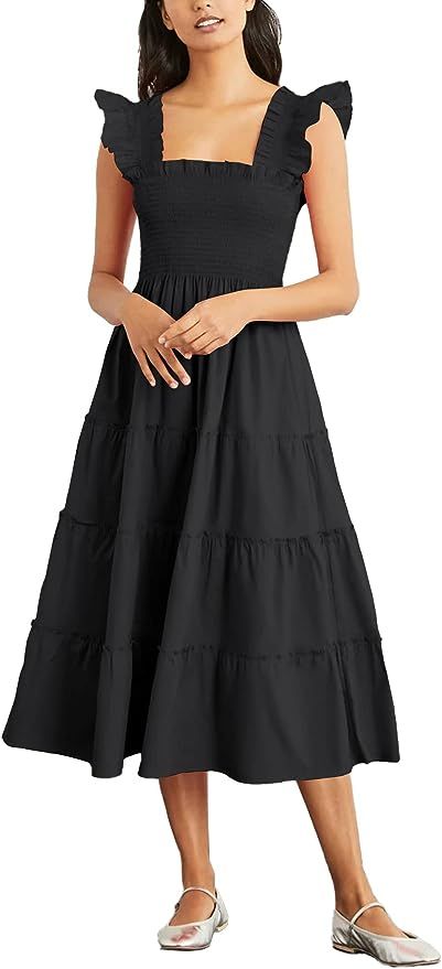 Rooscier Women's Square Neck Smocked Ruffle Sleeveless Tiered A Line Sundress Midi Dress | Amazon (US)