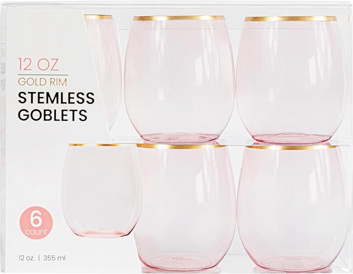PLASTICPRO 6 Pack Pink With Gold Rim Plastic Wine Glasses Stemless Disposable 12 oz BPA Free Shat... | Amazon (US)