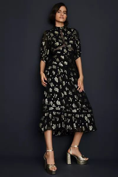Metallic Floral Jacquard Lace Trim Midi Dress | Debenhams UK