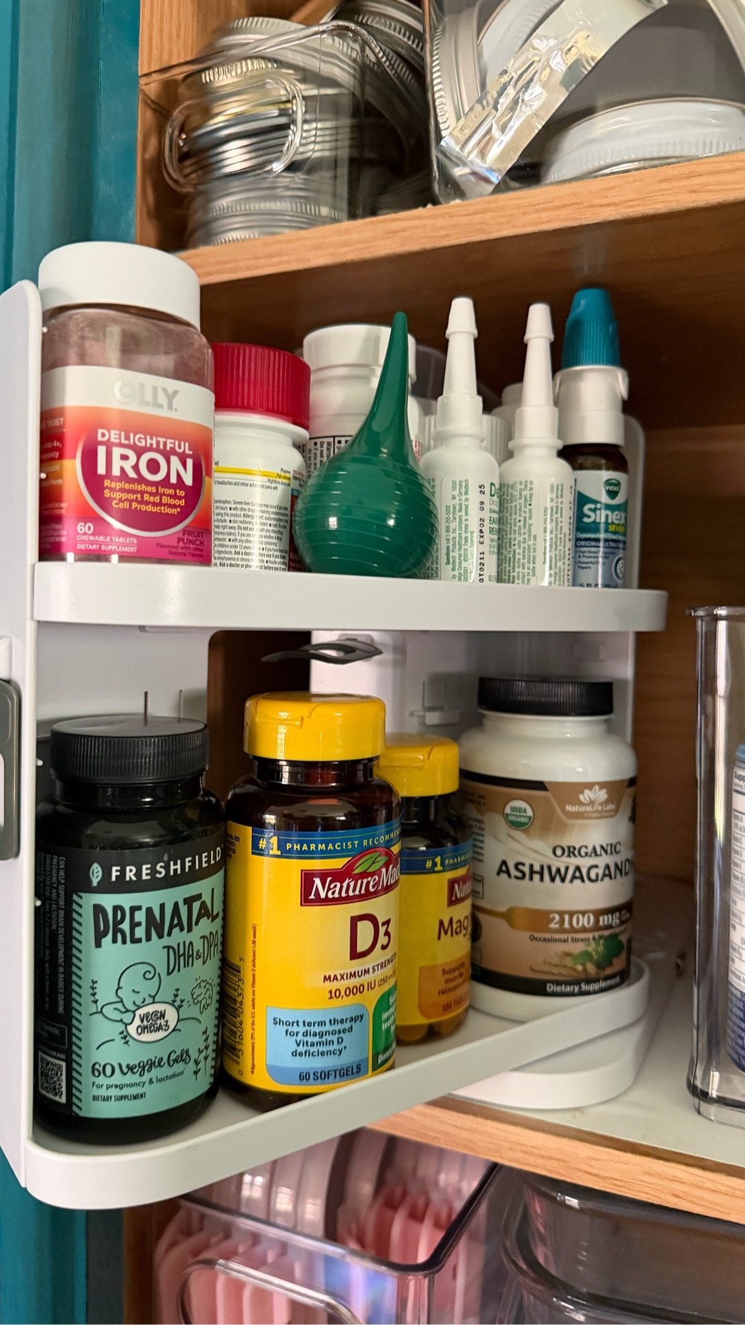 Come organize our medicine shelf with me!…. Sort of🫠😆 I started with a messy medicine shelf, and ended with a half-messy medicine shelf. 😅 I LOVE this caddy to help organize the million pill bottles we have. I learned my lesson though… I should’ve ordered more than one. And also, why do we have so much medicine for two people? 🙃 The cabinet caddy is linked in my stories!🔗
•
•
•
•
•
•
•
•
•
•
•
•
#amazon #amazonfind #amazonfinds #homeorganizing #homeorganizationideas #kitchenorganization #kitchenorganizer #amazonkitchenfinds #amazonorganization