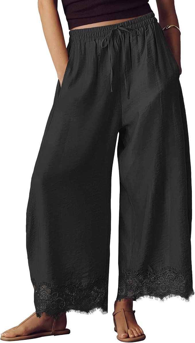Bsubseach Cropped Pants for Women Lace Hem Wide Leg Pants Summer Lightweight Casual Pants with Po... | Amazon (US)
