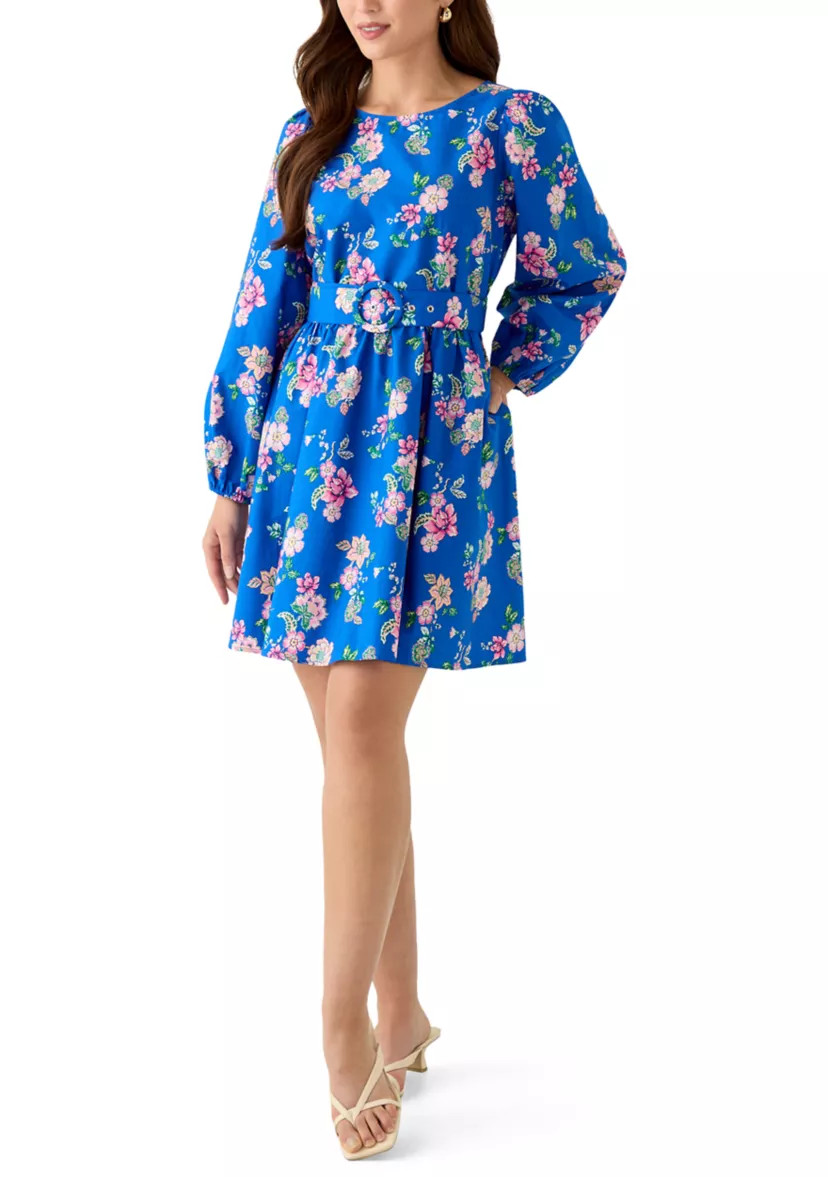 Petite Long Sleeve Poplin Printed Swing Dress | Belk