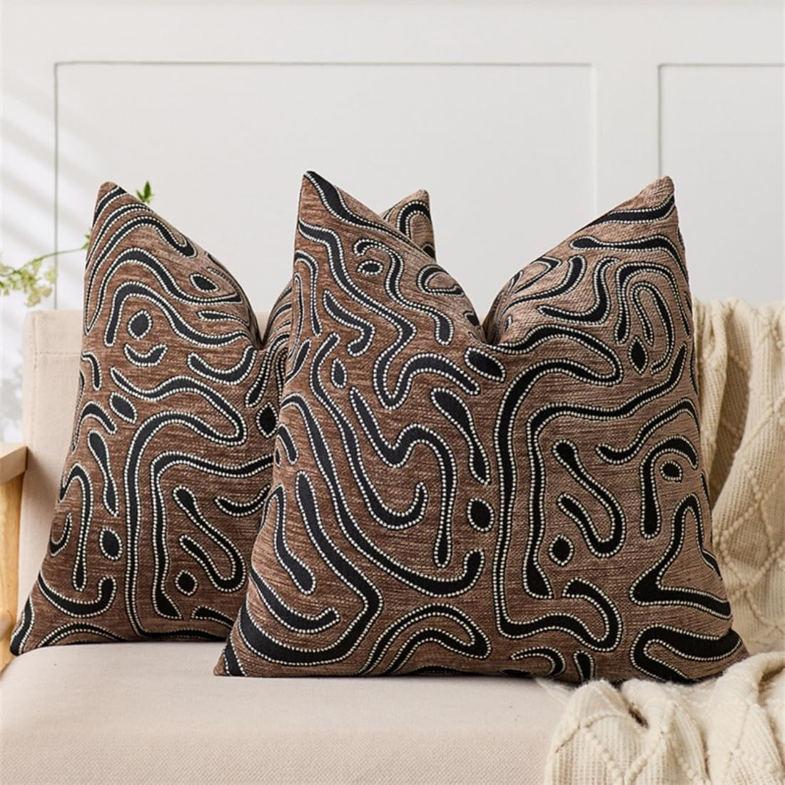 Set of 2 Halloween 18x18 Throw Pillow Covers, Premium Chenille Decorative Pillow Cases with Abstract Swirl Stitched Pattern, Brown Cushion Covers for Living Room, Bedroom, Sofa & Chair | Amazon (US)