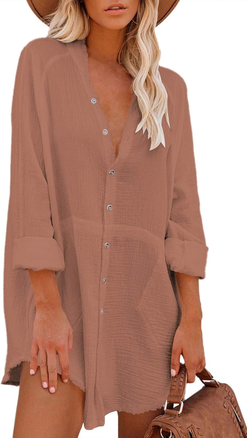 HAPCOPE Women's Button Down Shirt Dress Casual Loose Long Sleeve Swimwear Cover Up | Amazon (US)