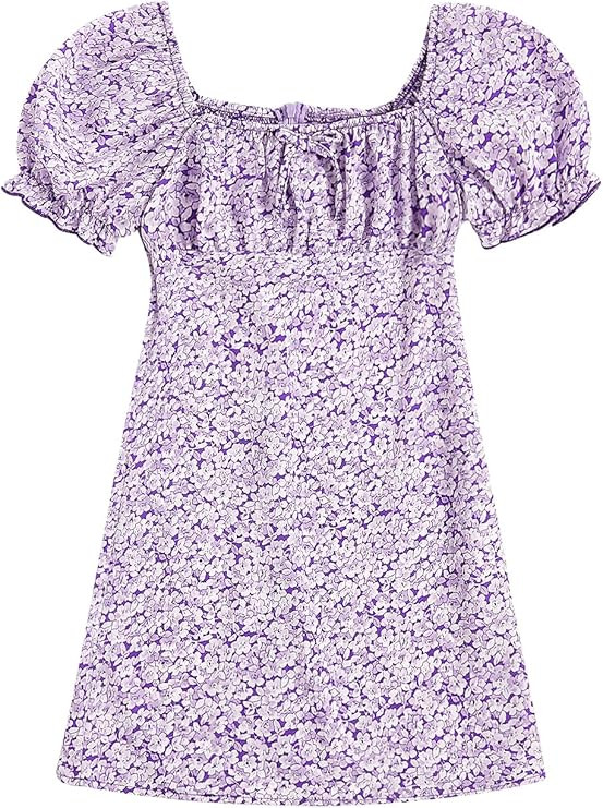 Verdusa Girl's Floral Print Puff Sleeve Square Neck Shirred Swing A Line Dress | Amazon (US)
