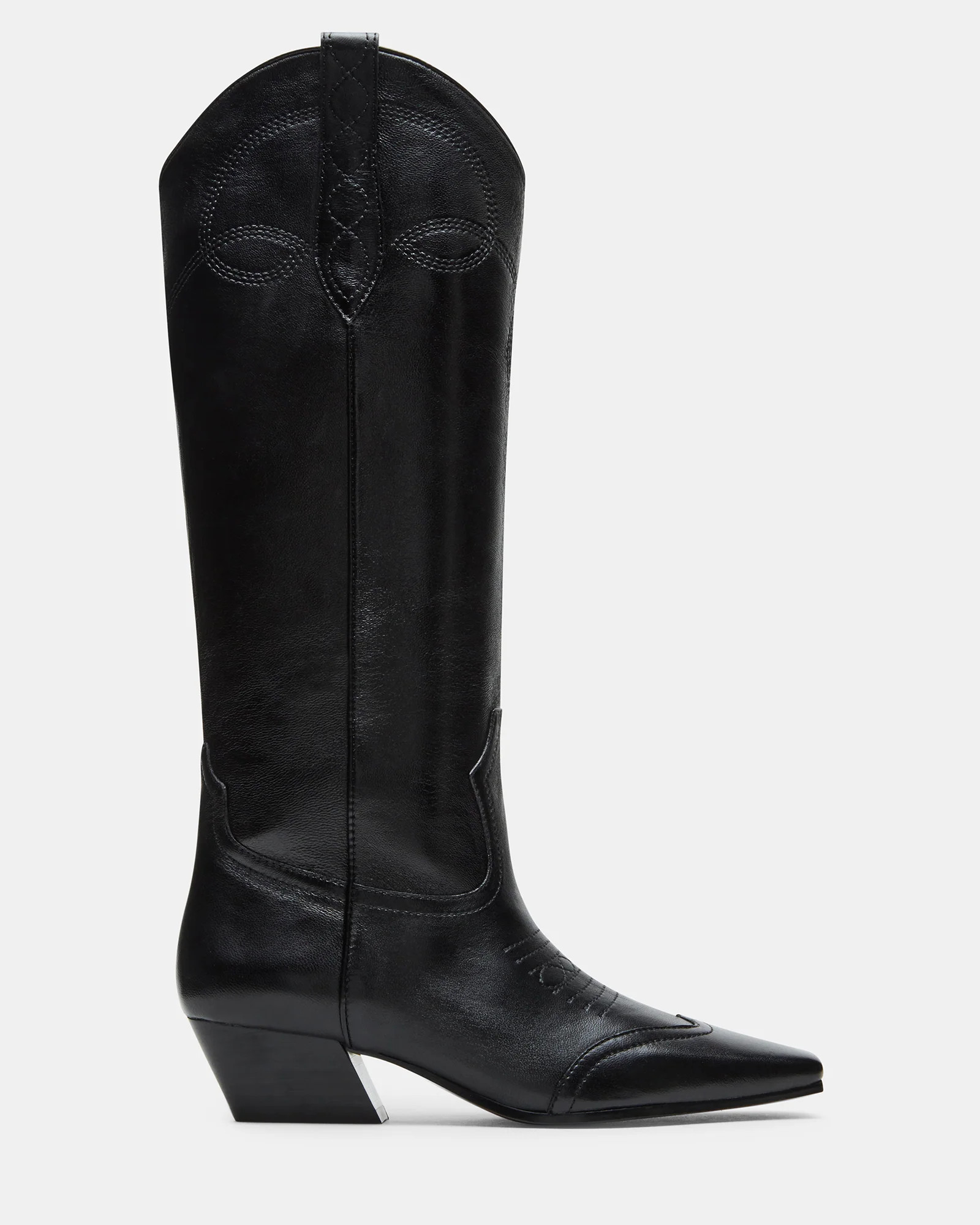 DOLLIE Black Leather Knee-High Cowboy Boots | Women's Designer Boots | Steve Madden (Canada)