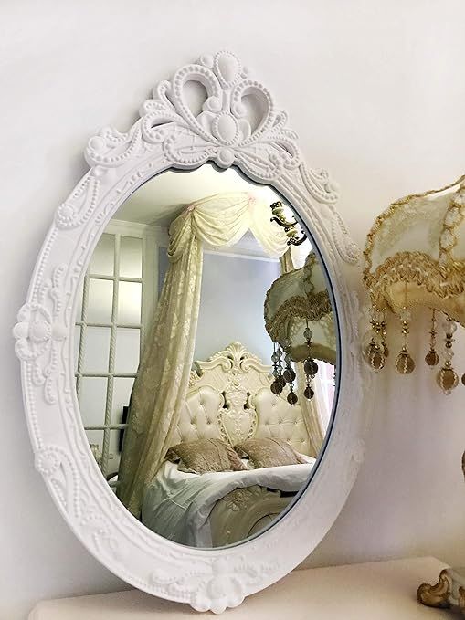 Amazon.com: Basswood Hunters 23''x 15'' Oval Vintage Decorative Wall Mirror, White Wooden Crown F... | Amazon (US)