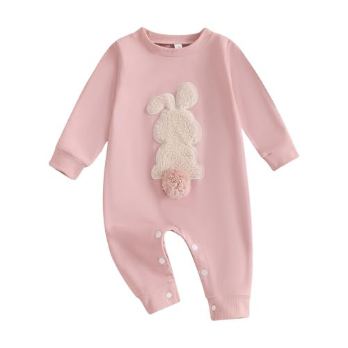 Easter Baby Boy Girl Outfit Embroidery Bunny Rompers Bunny Tail Jumpsuit Unisex Newborn Infant Easter Clothes (Pink, 3-6 Months) | Amazon (US)
