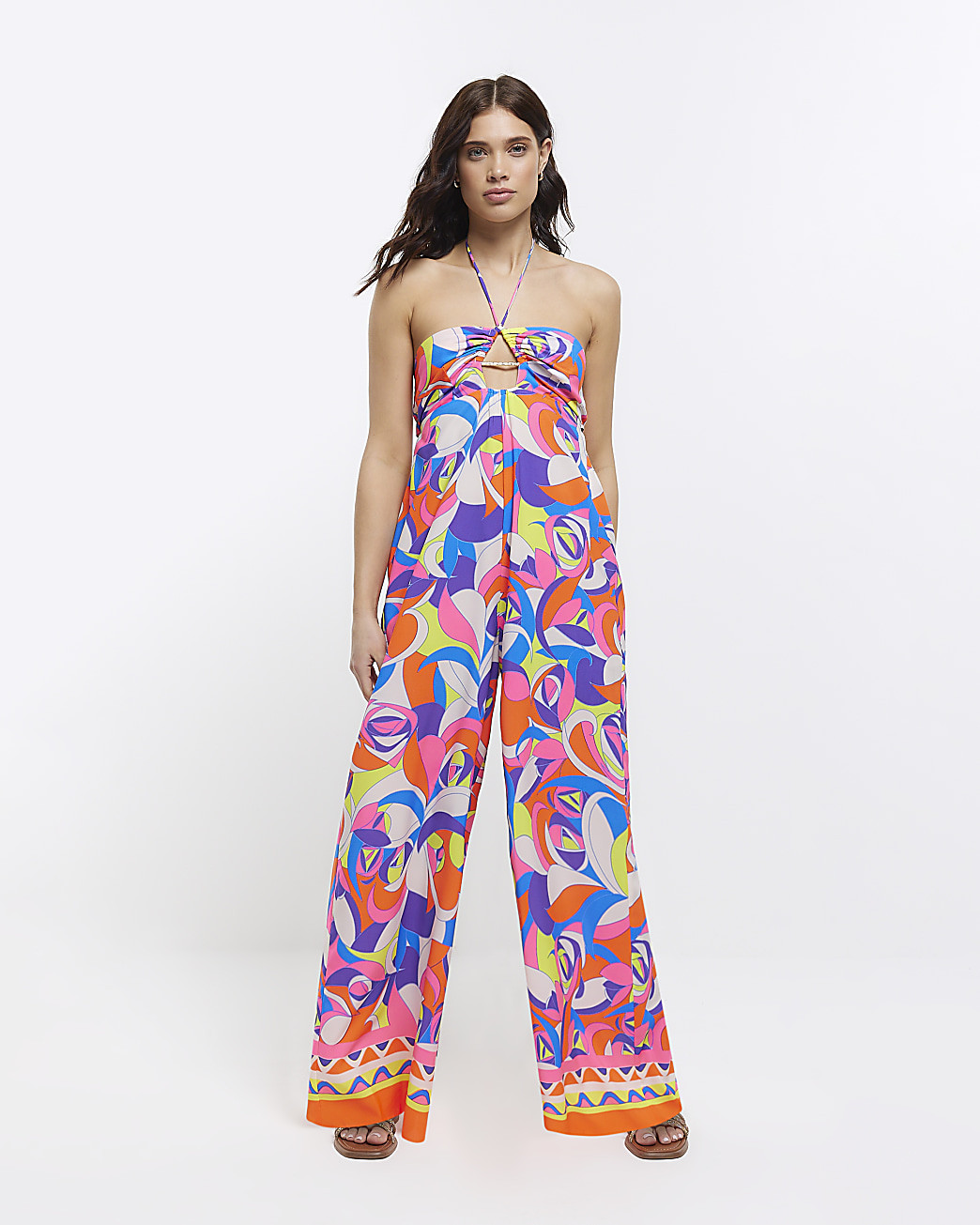 Blue abstract bandeau wide leg jumpsuit | River Island (UK & IE)