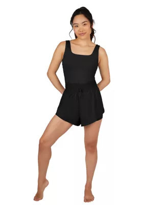 Yogalicious Women's Sleeveless Stevie Romper with Smocked Waist, Black, Medium | Belk