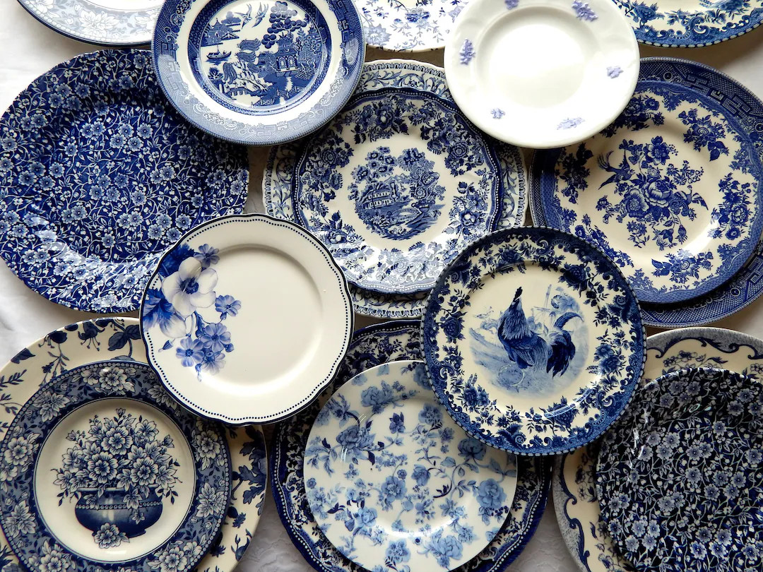 Blue and White Plates Dinner  Mismatched china  porcelain dishes  new vintage, mix and match. Wed... | Etsy (US)