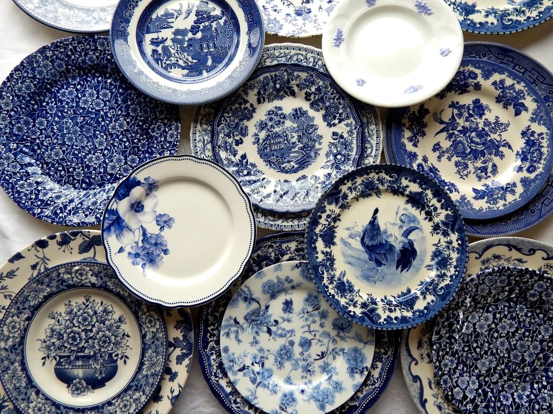 Blue and White Plates Dinner  Mismatched china  porcelain dishes  new vintage, mix and match. Wed... | Etsy (US)