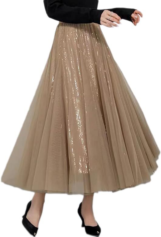 Dwirapal Sequin Long Tulle Skirt Layered Flowy Fairy Sparkle Party Mesh Tea Length Big Hem Skirts... | Amazon (US)