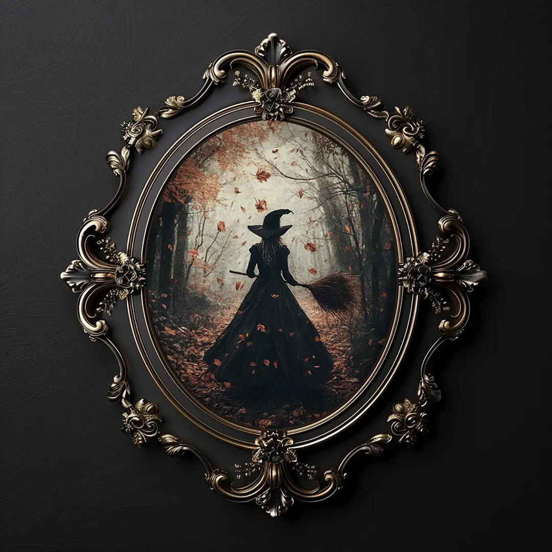 Witch with broom walking in fall forest print, Halloween dark academia, witchy farmhouse decor, v... | Etsy (US)